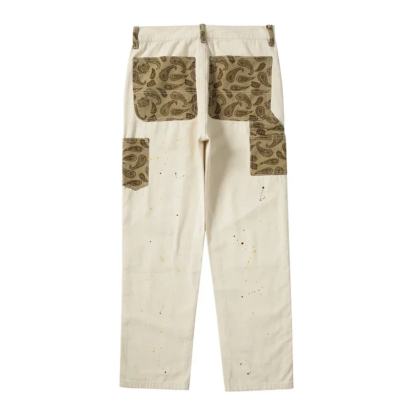 Hip Hop Khaki Cashew Flower Straight Leg Pants Overalls Ink Splashing Stitching Straight Canvas Trousers Retro Cargo Pants Men