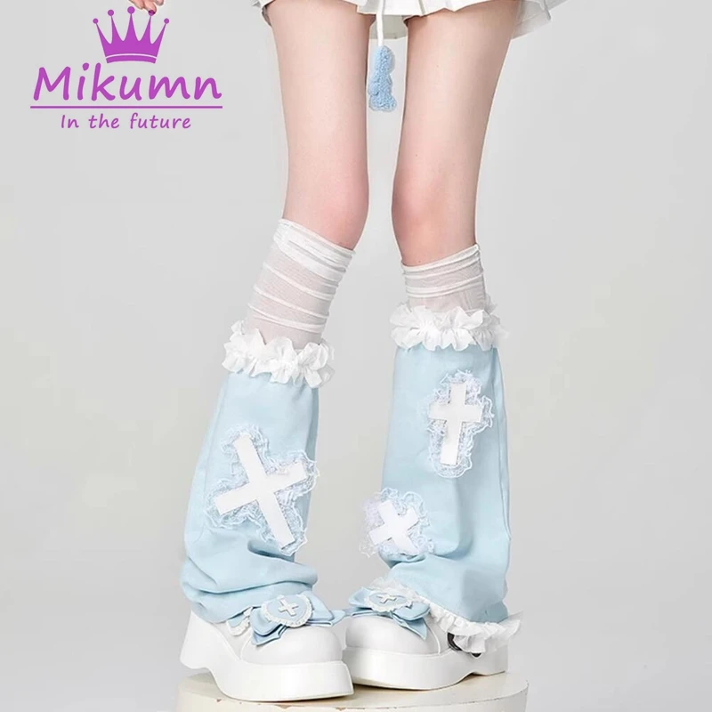 Mikumn Harajuku blu bianco rosa croce pizzo scaldamuscoli calzini donna Y2k ali d\'angelo copertura elastica gamba giapponese Kawaii stivali calzini