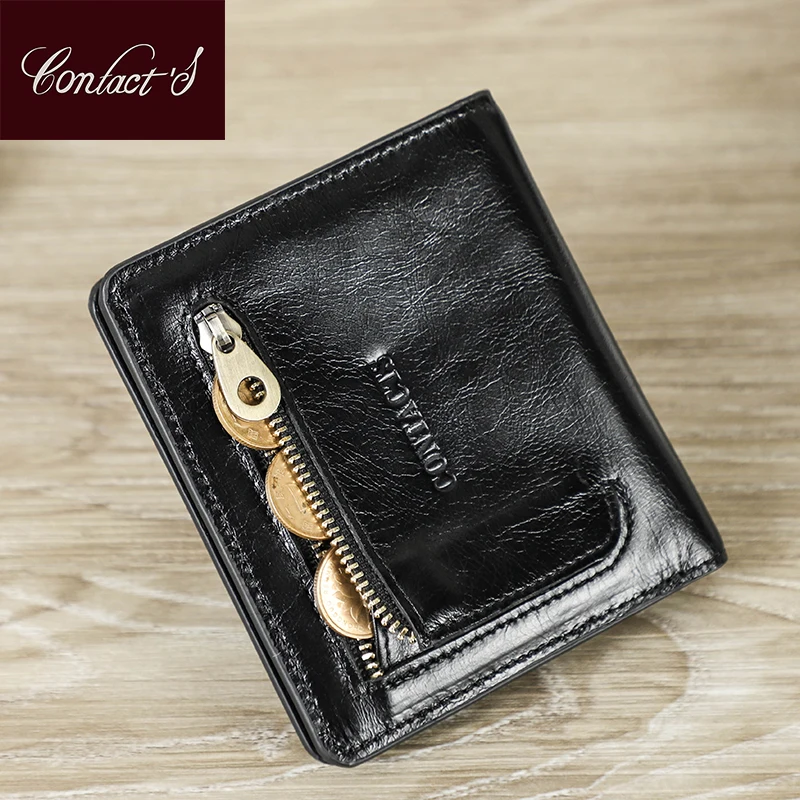 Contact's Genuine Leather Women Small Wallet Zip Coin Purse Female Short Wallet Bifold RFID Card Holder Money Clip Mini Wallets