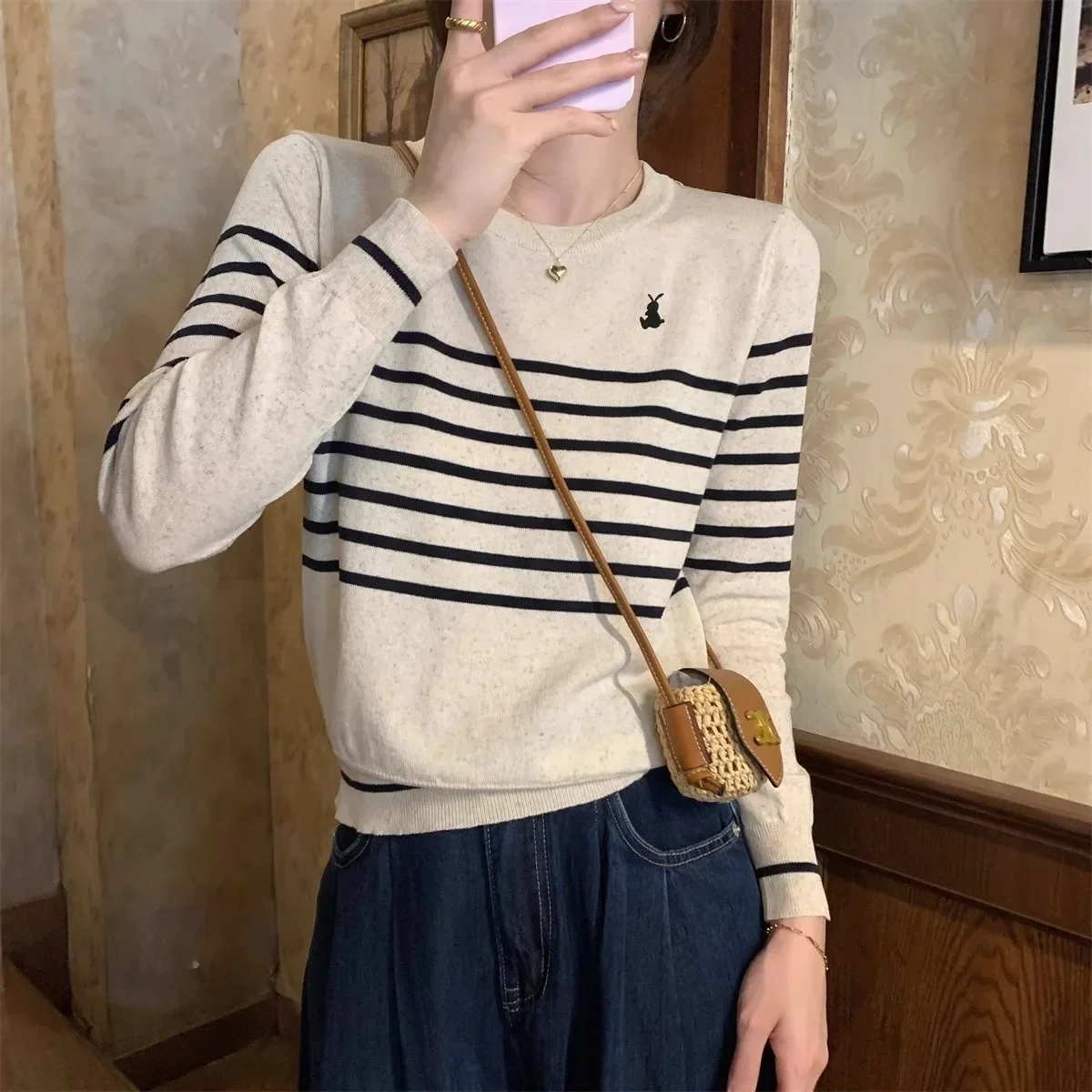 

Women's Base Shirt Inner Wear Striped Embroidery Fashionable Autumn Top Quality Fabric Elegant round Neck Knitted Long Sleeve