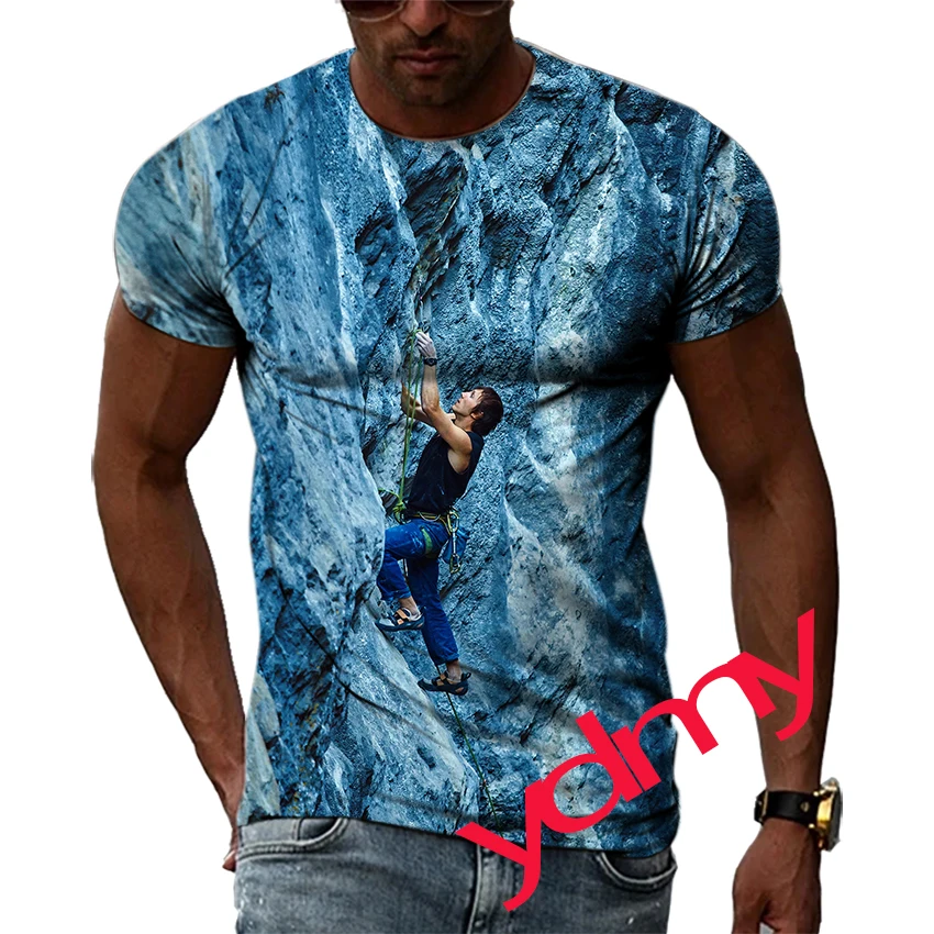 Tide Fashion Summe Outdoor Mountain Climbing Picture Men's T-shirt Casual Print Tees Hip Hop Personality Round Neck Short Sleev