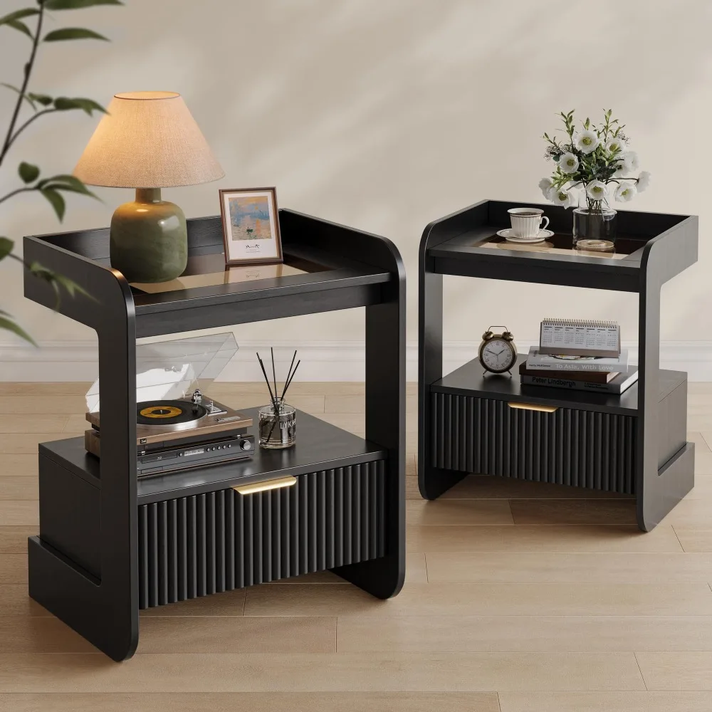 Fluted Nightstands Set of 2, Mid Century Modern Night Stand with Drawer and Open Shelf, Amber Glass Top Wooden Bedside