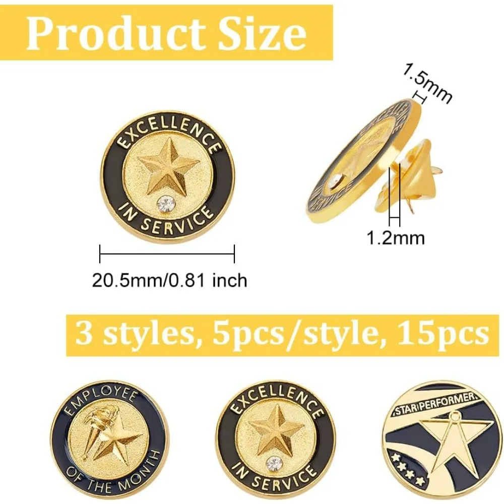 15Pcs 3 Style Employee of The Month Lapel Pin 20.5mm Encouraging Word Brooches Alloy Enamel Star Brooches Pins Gold making kit