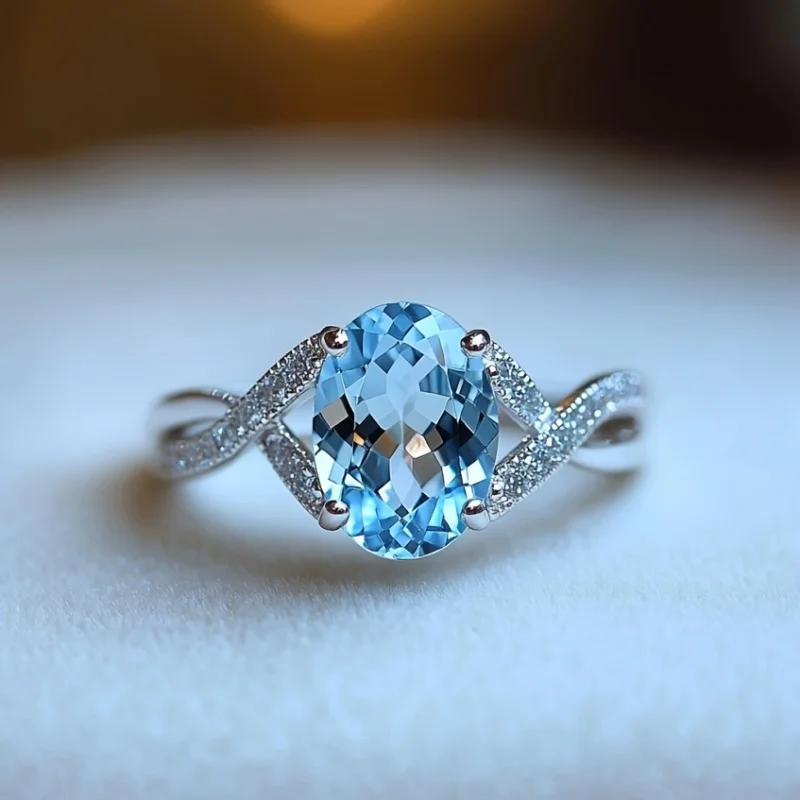 

SGARIT New Natural Crystal Ring for Women 925 Silver Main Stone 7X9MM Egg-Shaped Sky Slue Topaz Women's Ring