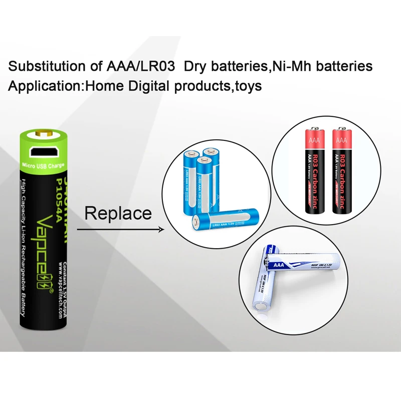 بطارية USB أصلية Vapcell P1054A 10440 540mah 1.5V AAA مع منفذ USB صغير بطاريات قابلة للشحن سطح مسطح
