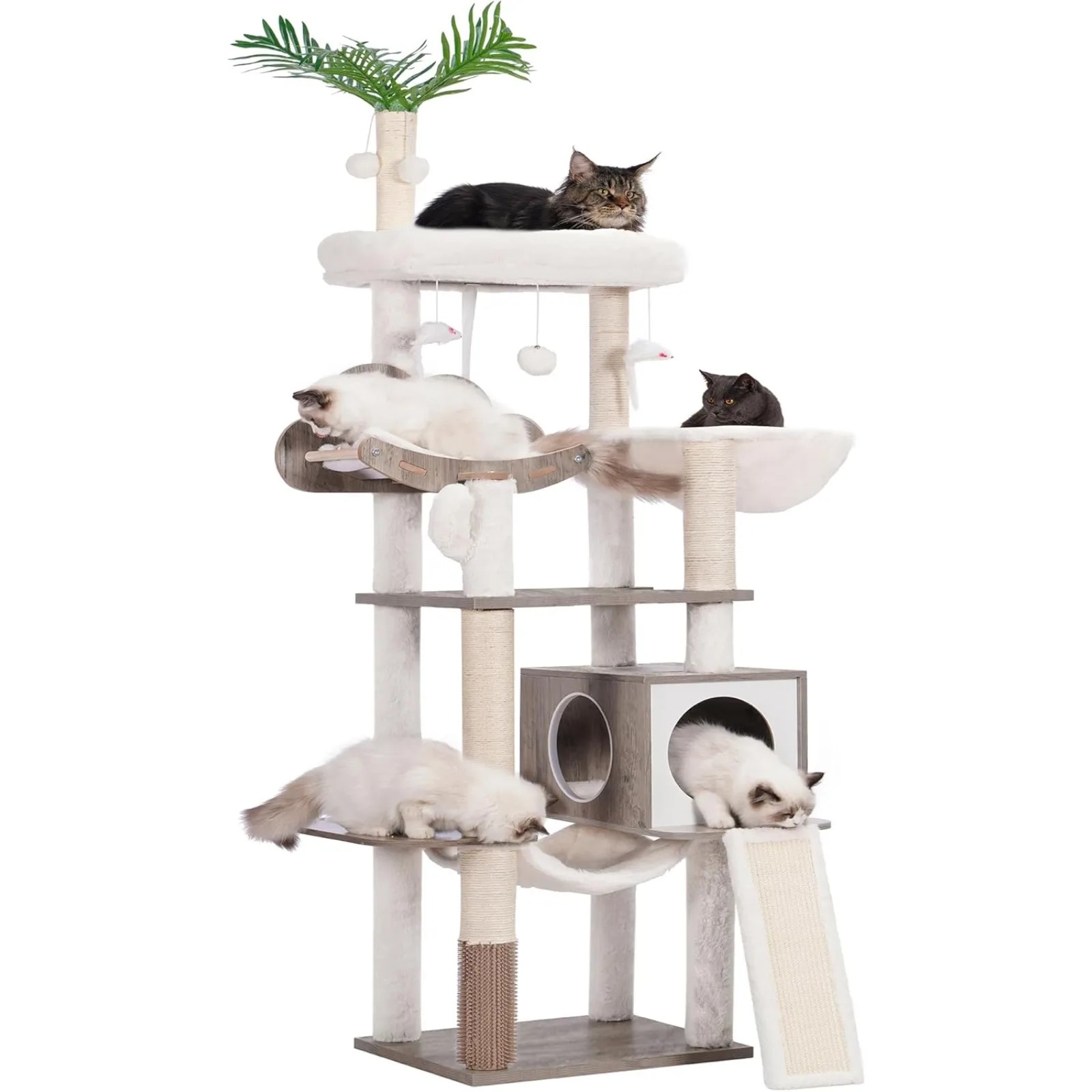 US Cat Tree for Indoor Cats, Cat Condo for Large Cats with Self Groomer,Modern Cat Scratching Tower with Basket,Hammock