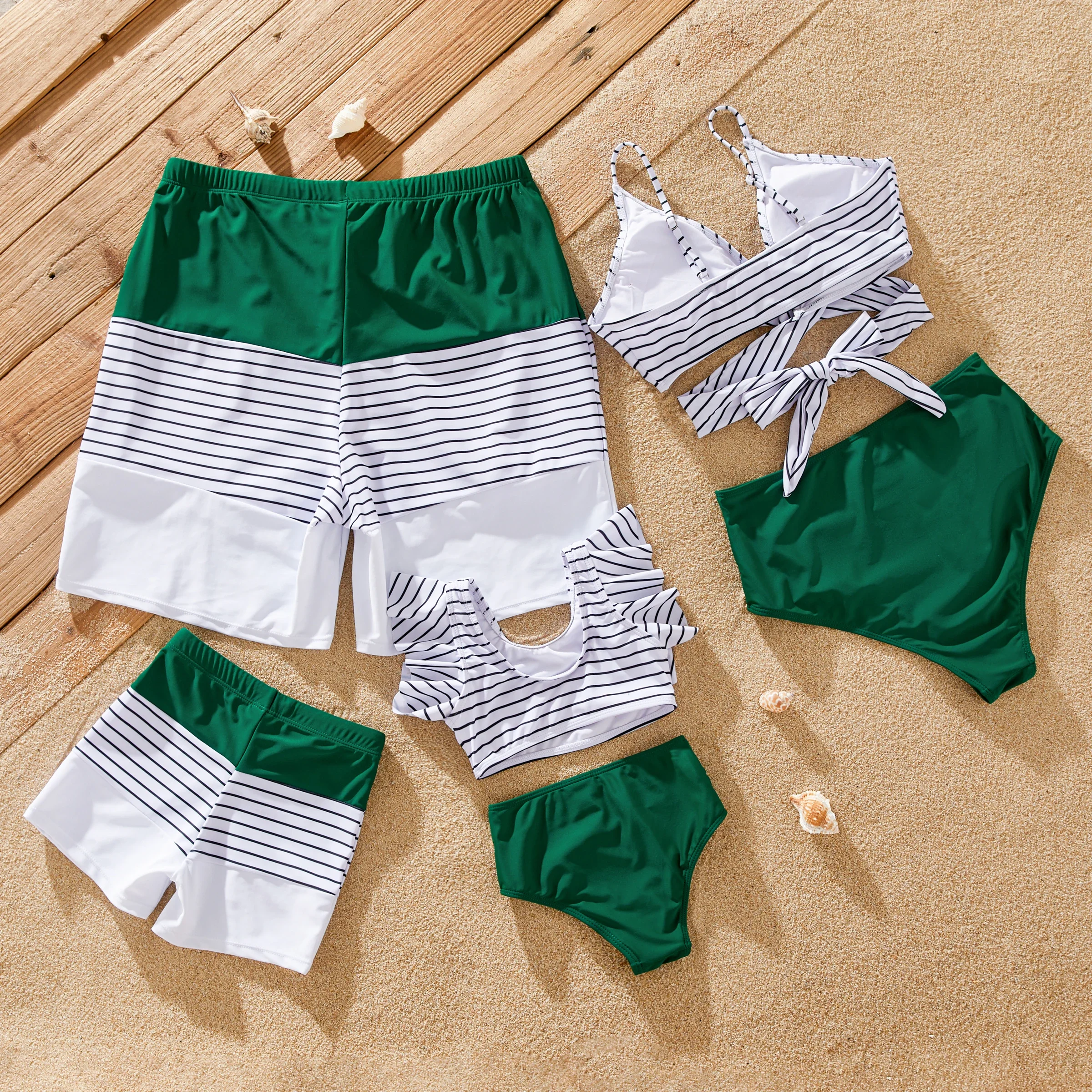 PatPat Family Matching Color Block Drawstring Swim Trunks or Stripe Cross Front Two-Piece Swimsuit Suitable for Summer Season