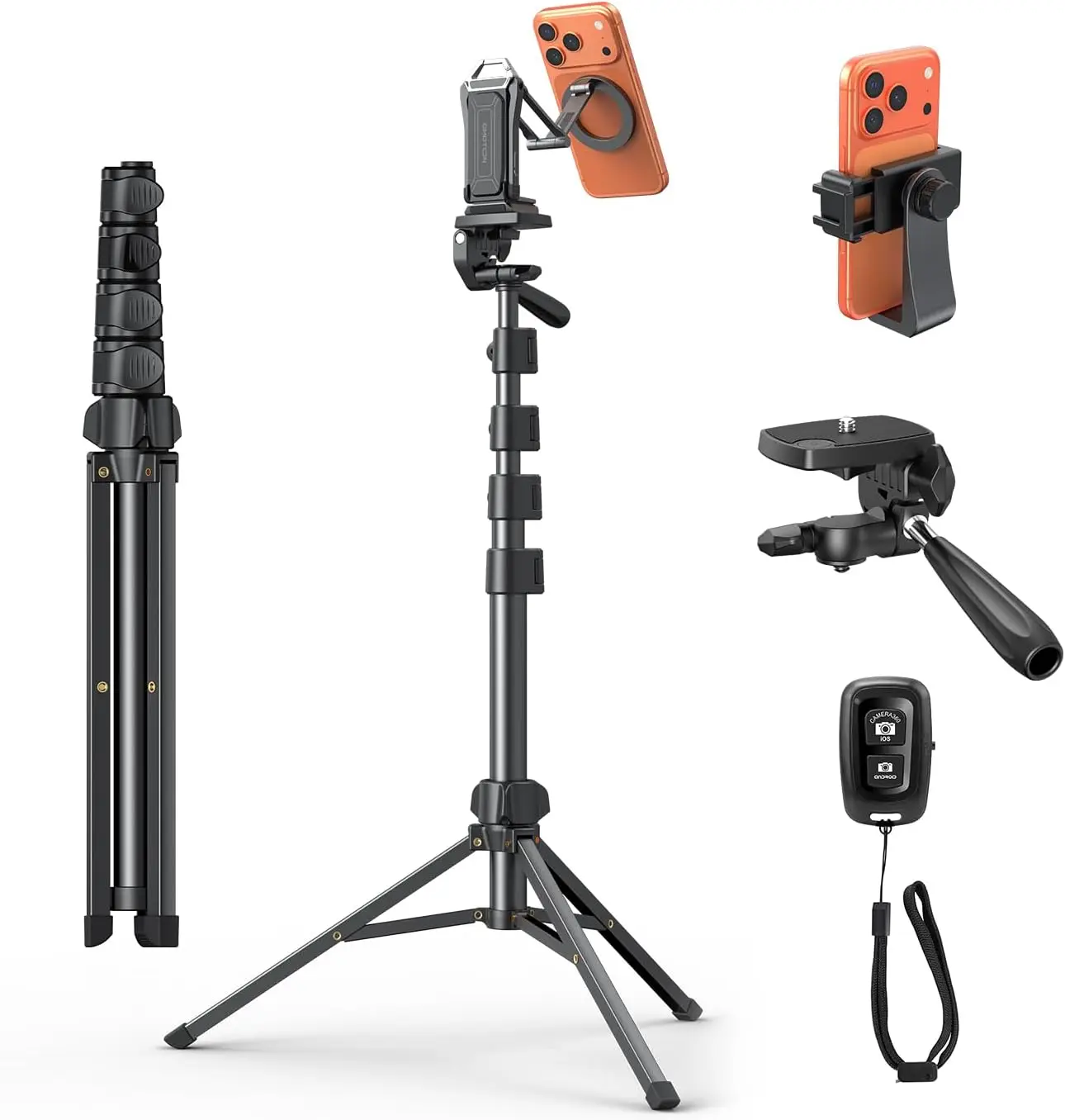

65" Magnetic Phone Tripod with Remote, Adjustable Height & Angle for iPhone Camera Video Recording Live Streaming Black