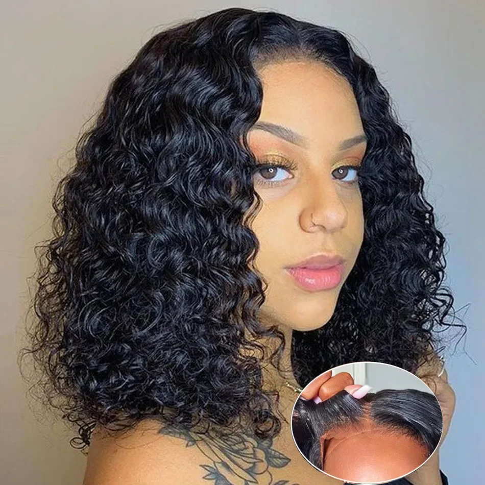 Short Curly Closure Wig 13x4 Lace Frontal Wig Brazilian Deep Wave Bob Wig Human Hair Natural Hairline Remy 5X5 Glueless Wig