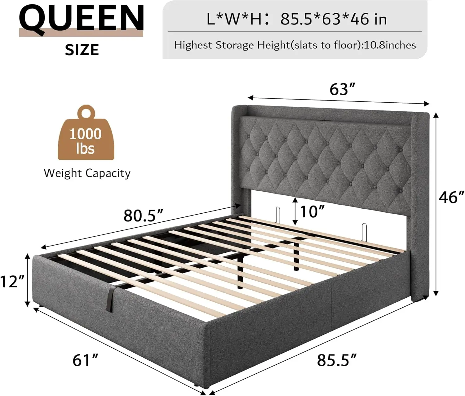 Queen Size Lift Up Storage Bed Frame with Charging Station, Upholstered Platform Bed Frame with Tufted Headboard