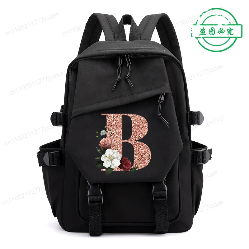 Rose Gold 26 Letter A~Z Students Women's Backpack Travel Rucksack Teenager Large Back Pack Mochilas Mujer School Bags for Girls