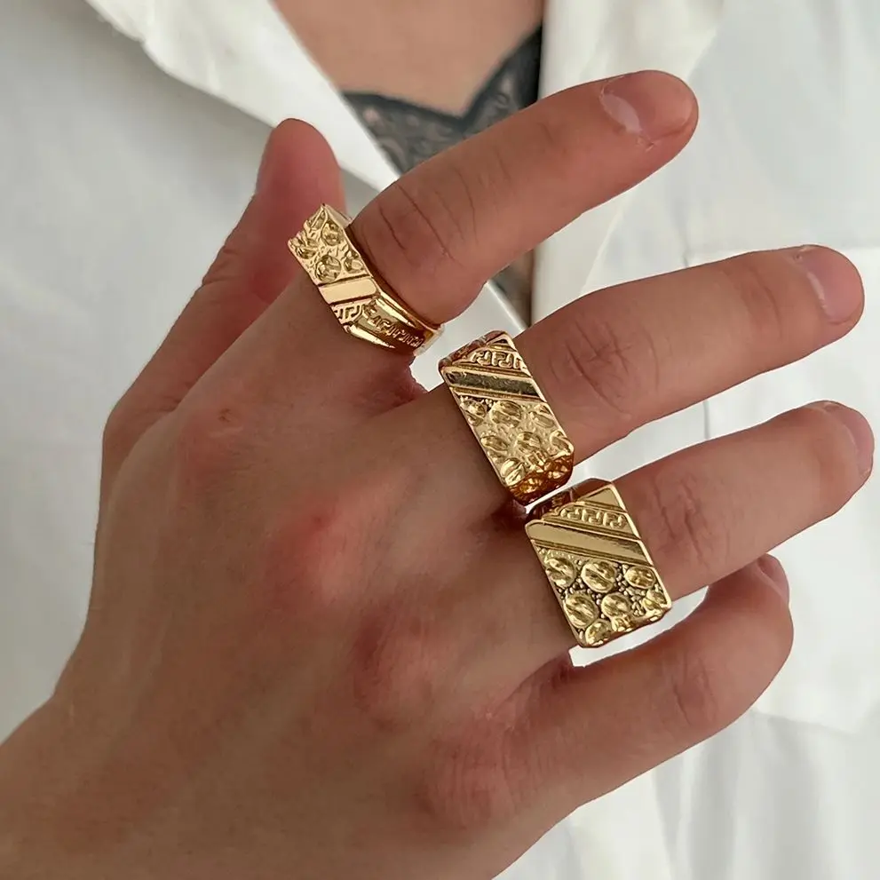 Ingemark 3Pcs/Set Trendy Vintage Gold Color Chunky Ring For Men 2025 Hip Hop Thick Rings Charm Finger Accessories Grunge Jewelry
