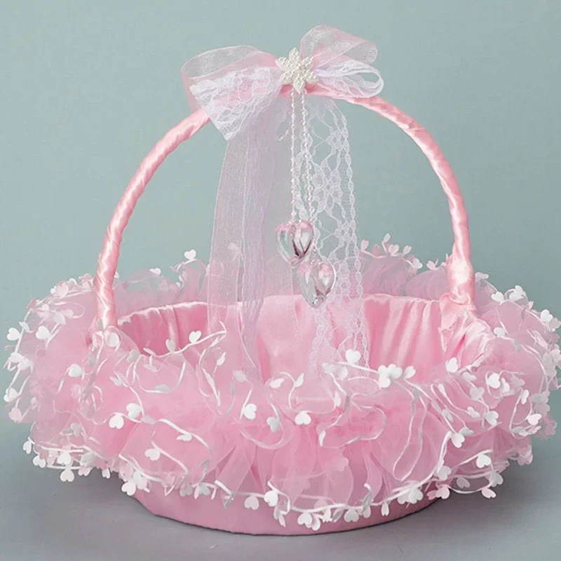 Flower Girl Basket for Wedding Small Satin Wrapped Baskets with Lace and Clear Heart Pendant Decoration White Pink