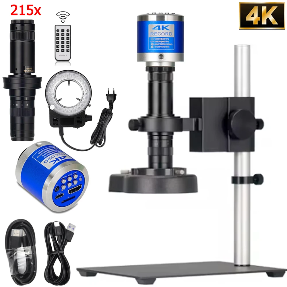 4K Digits Microscope,215X C Mount Lens, 48MP/13MP HDMI USB TYPE-C VGA Video Microscope Camera,Full Sets,For Repair Phone PCB