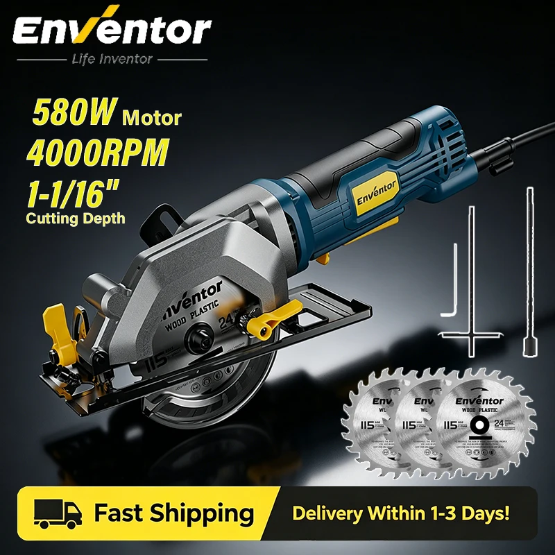 

Enventor Mini Circular Saw 4.8A 4-1/2" Electric Circular Saw With 3 Saw Blades 4000RPM Cutting Depth 1-1/16" for Wood Cutting
