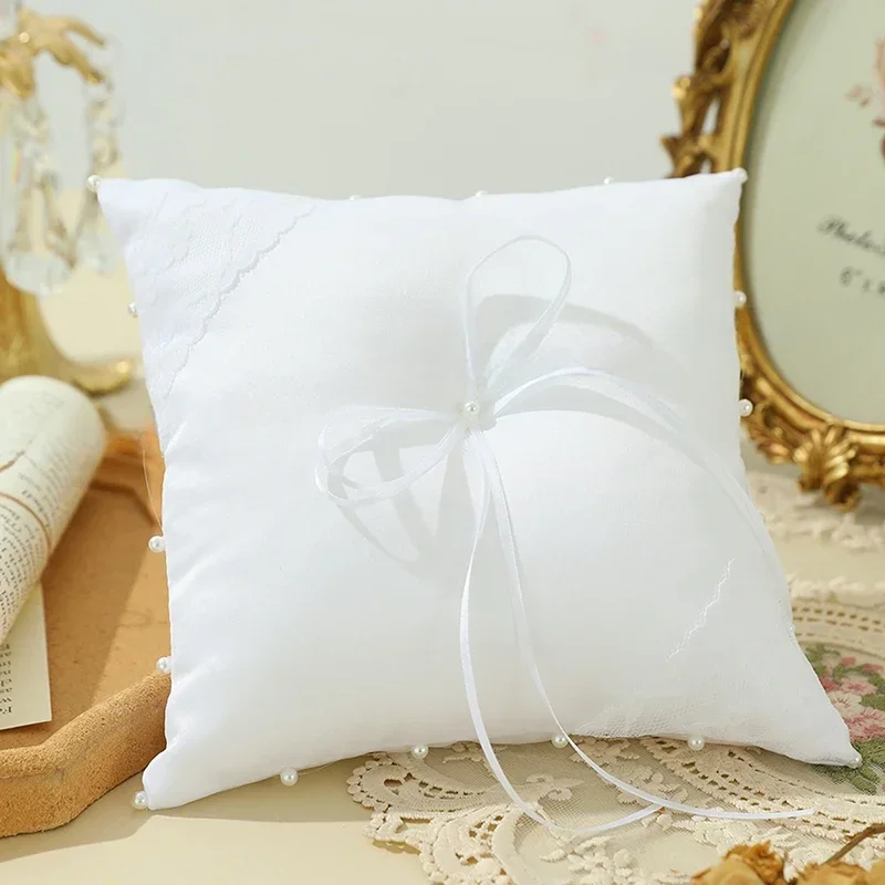 1pc Pearl Edge Wedding Ring Pillow 7.87in(20cm) Bowknot Wedding Supply Ring Bearer Pillow Ring Gasket Satin Flower Girl