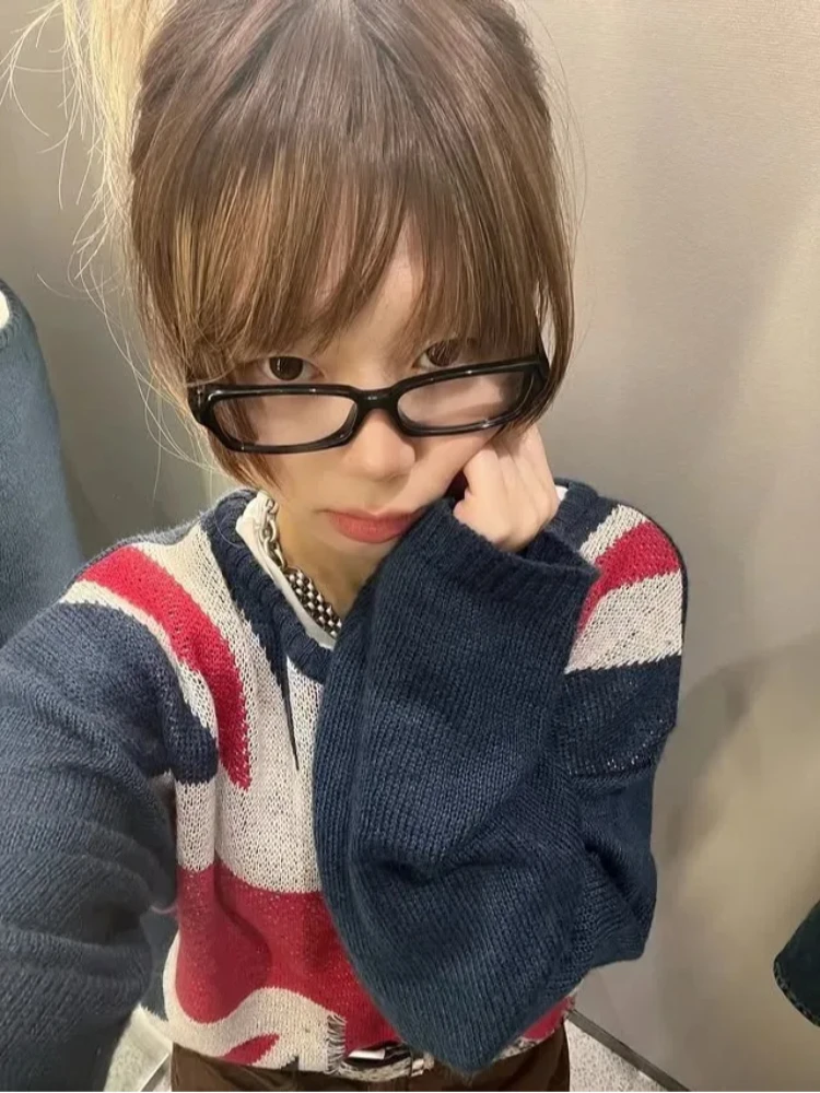 سترة نسائية محبوكة متعددة الاستخدامات ذات علم رفيع أوروبي وأمريكي، سترة صوفية فضفاضة برقبة دائرية