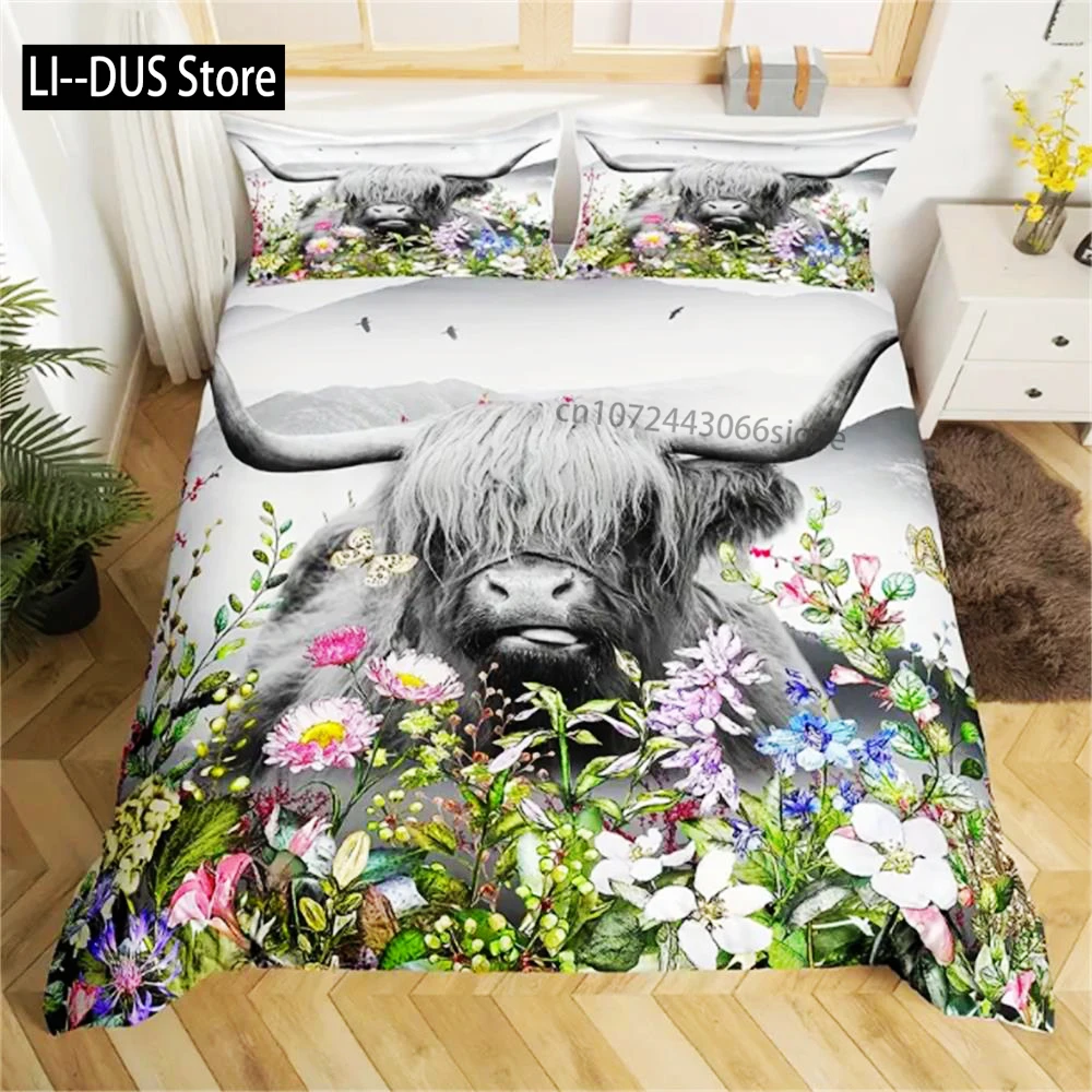 Highland Cow Duvet Cover, Watercolor Flowers Animals Plants Bedding Set 2/3pcs For Women Men Adults Room Decor, Fashionable