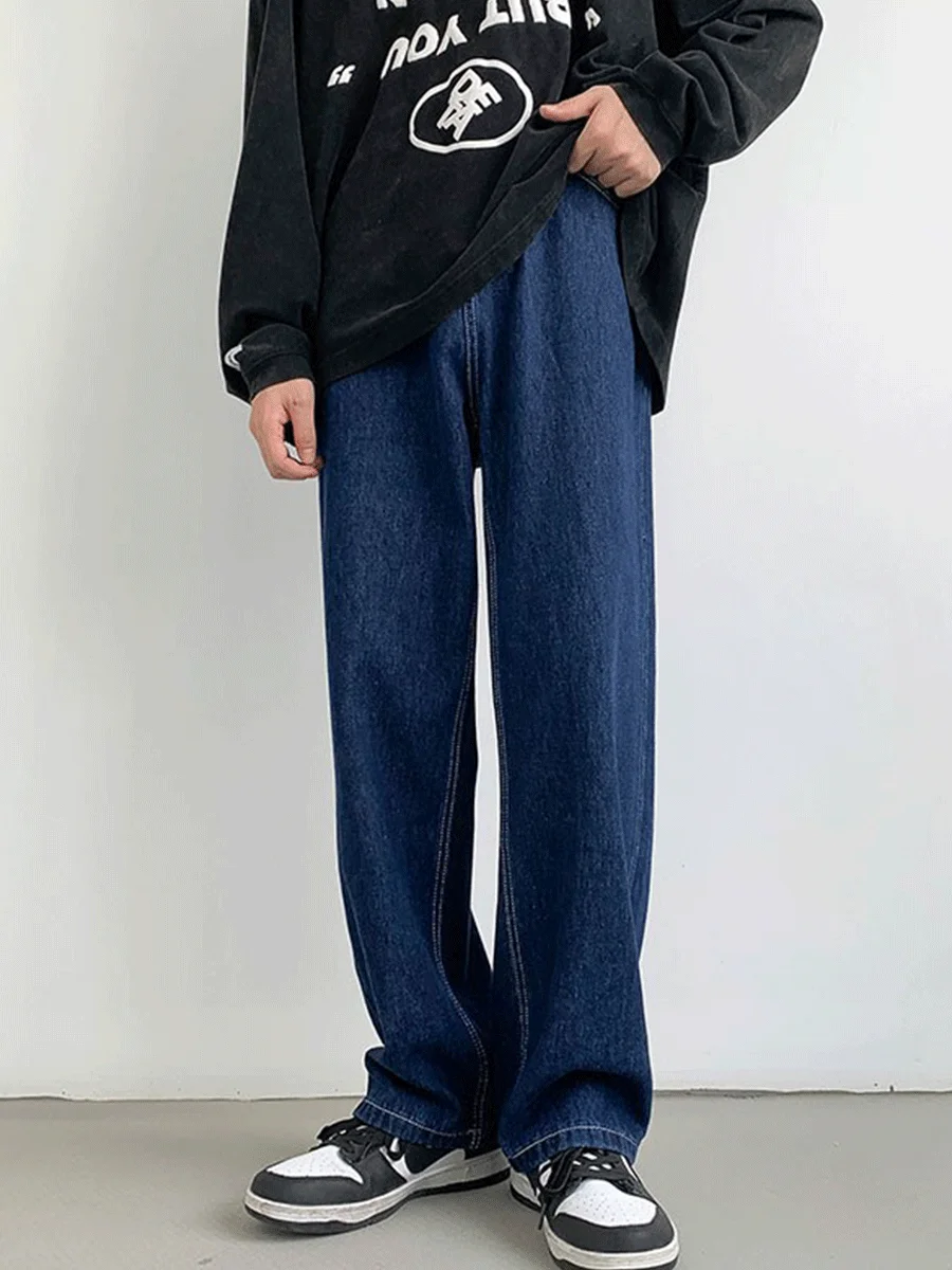 

Deep Blue Men's Jeans Loose Straight Leg Long Pants Casual Lazy Style Trendy Brand Ins Handsome Wide Leg Cotton Denim Trousers