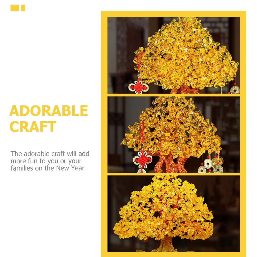 

Crystal Money Tree Ornament Resin Wood Copper Citrine Material Desktop Decor for Home Office Festival Luck Tree Tabletop