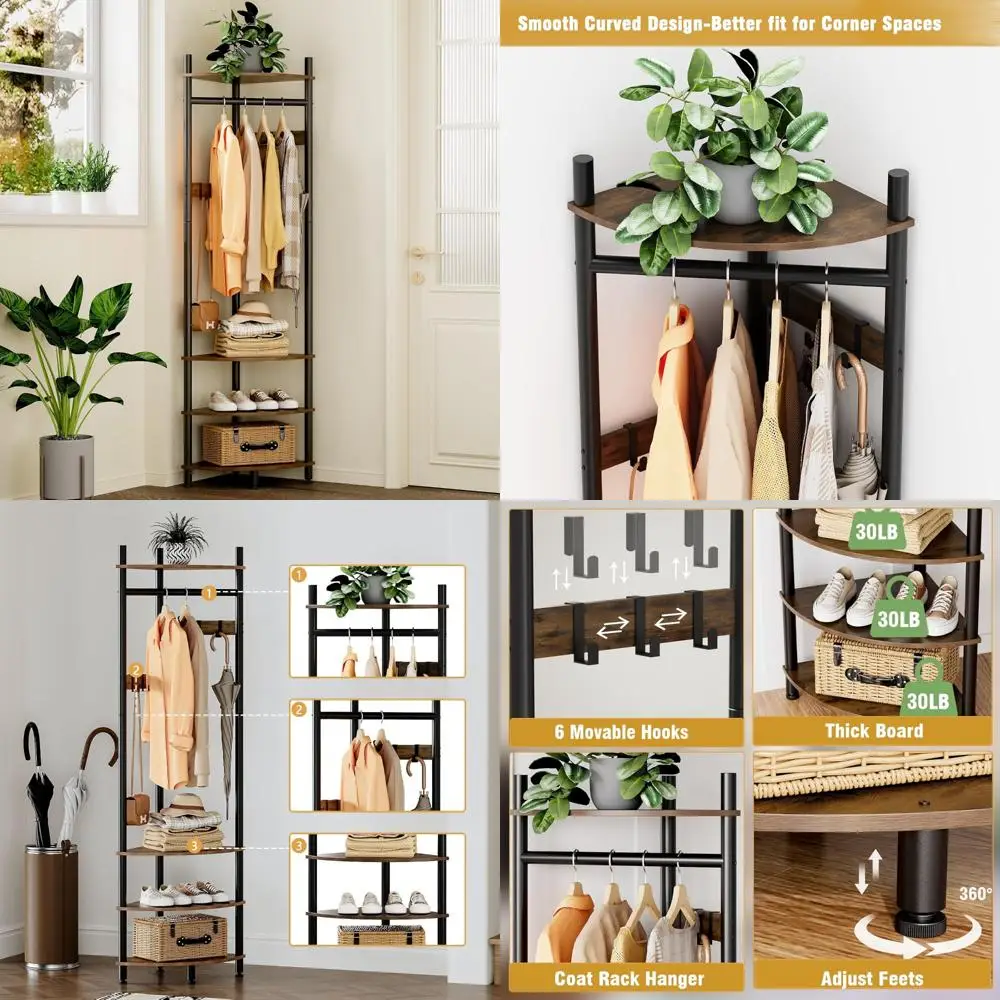 

Floor Standing Entryway Coat Rack with 6 Metal Hooks and Shoe Storage Organizer for Home