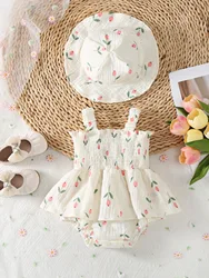 2025 Summer Baby Girls Bodysuit & One Piece Full of Tulip Print Girls Clothes Camisole Bodysuit With Hat