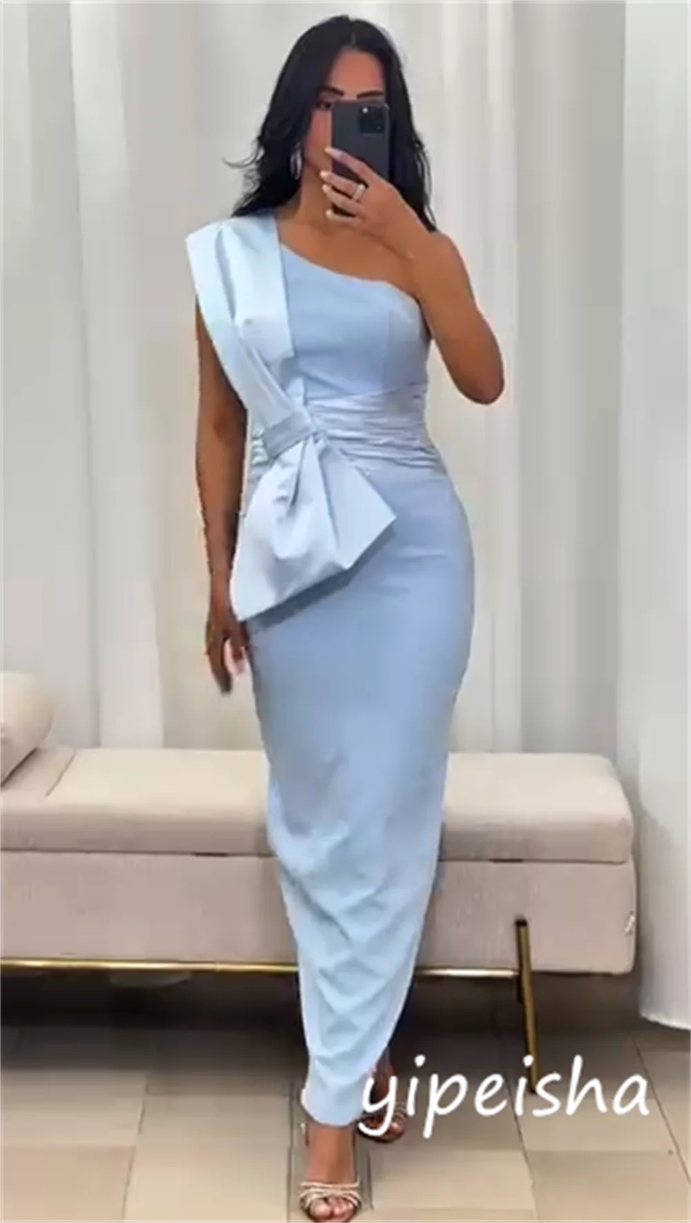 Robe mi-longue en Jersey de Style chinois, personnalisée, avec nœud plissé, droite, asymétrique épaule dénudée, sur mesure, élégante, rétro