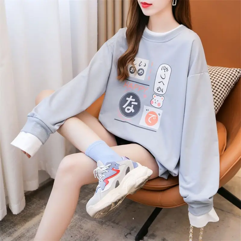 Autumn Long Sleeve Fake Two Pieces Female Casual Korean Printing Turn-down Collar Plaid Sweatshirts All-match Patchwork T-Shirts