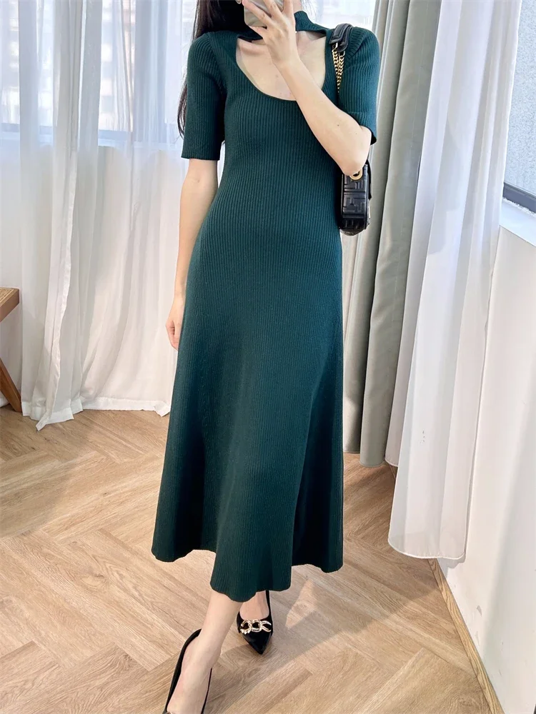 

Women Backless Knitted Robe Short Sleeve O-Neck Solid Color Slim Spring 2024 Midi Dress