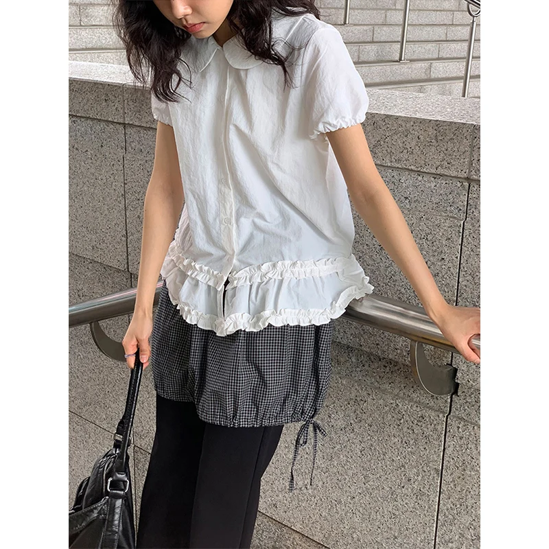 

Vintage Black Shirts Women Japanese Harajuku White Ruffles Patchwork Blouses Summer Korean Puff Short Sleeve Casual Design Tops