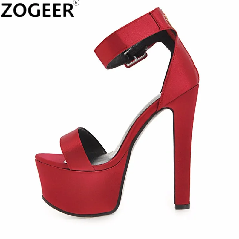 Red 16cm High Heels Platform Summer Women Sandals Sexy Blue Silk Flip Flops Straps Party Wedding Evening Shoes Ladies Large Size