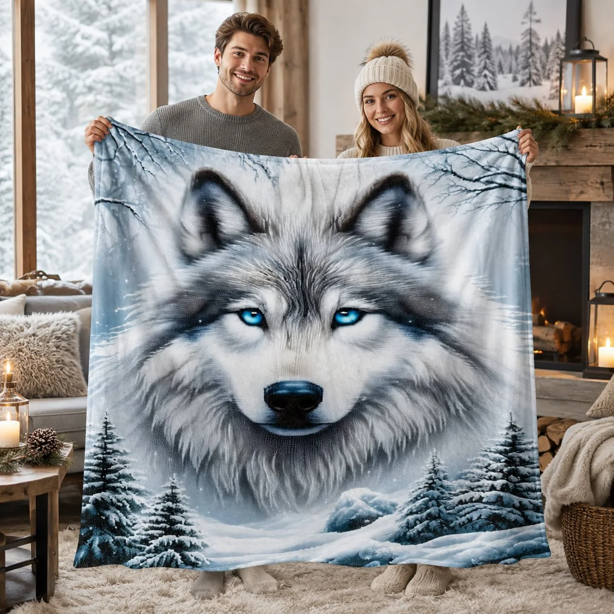 One Wolf Pattern Blanket, Multipurpose Flannel Warmth Throw Suitable for Sofa, Bed, Travel, Camping, Living Room, Office - Comfortable All Seasons