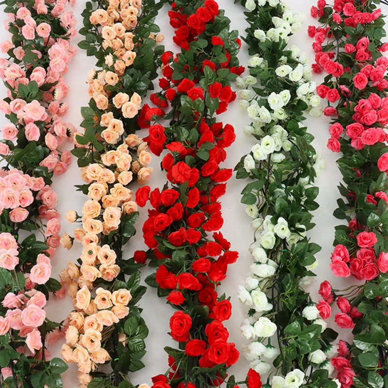 2.5m 1.8m Rose Artificial Flower Vine For Wedding Garland White Pink Home Room Wedding Decoration Silk Artificial Rose Vine Han