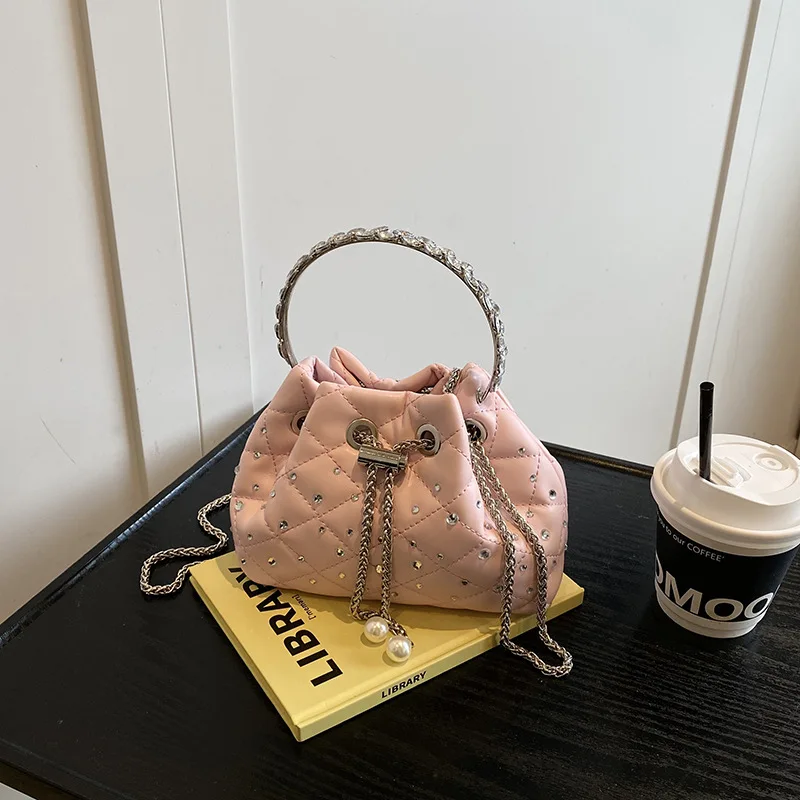 

2025 Unique Designer Bucket Bag for Women Stylish Rhinestone Chain Crossbody Purse Elegant Shoulder Handbag for Spring Summer
