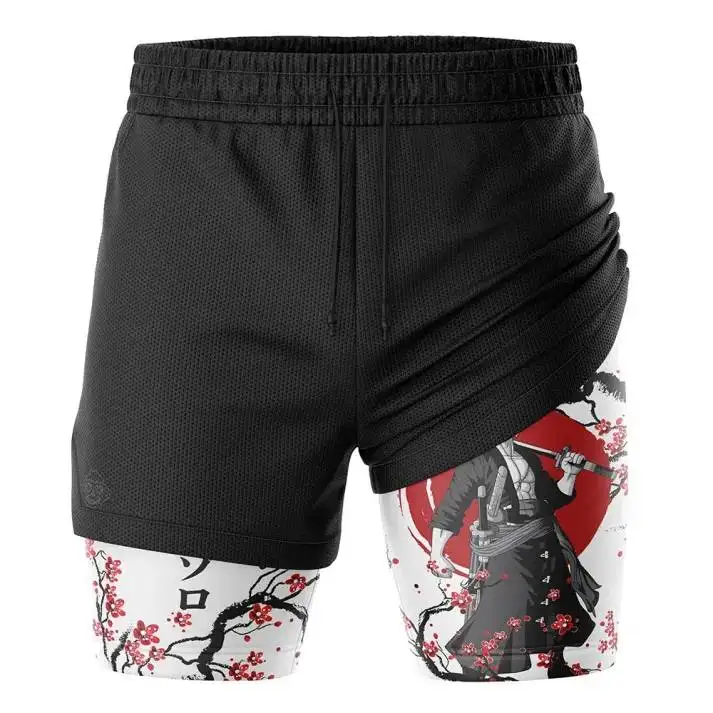 Pantalones cortos de doble capa de Anime de una pieza para hombre, entrenamiento de gimnasia, estampado de Luffy Zoro, tela de secado rápido, talla grande, ajuste holgado con bolsillos