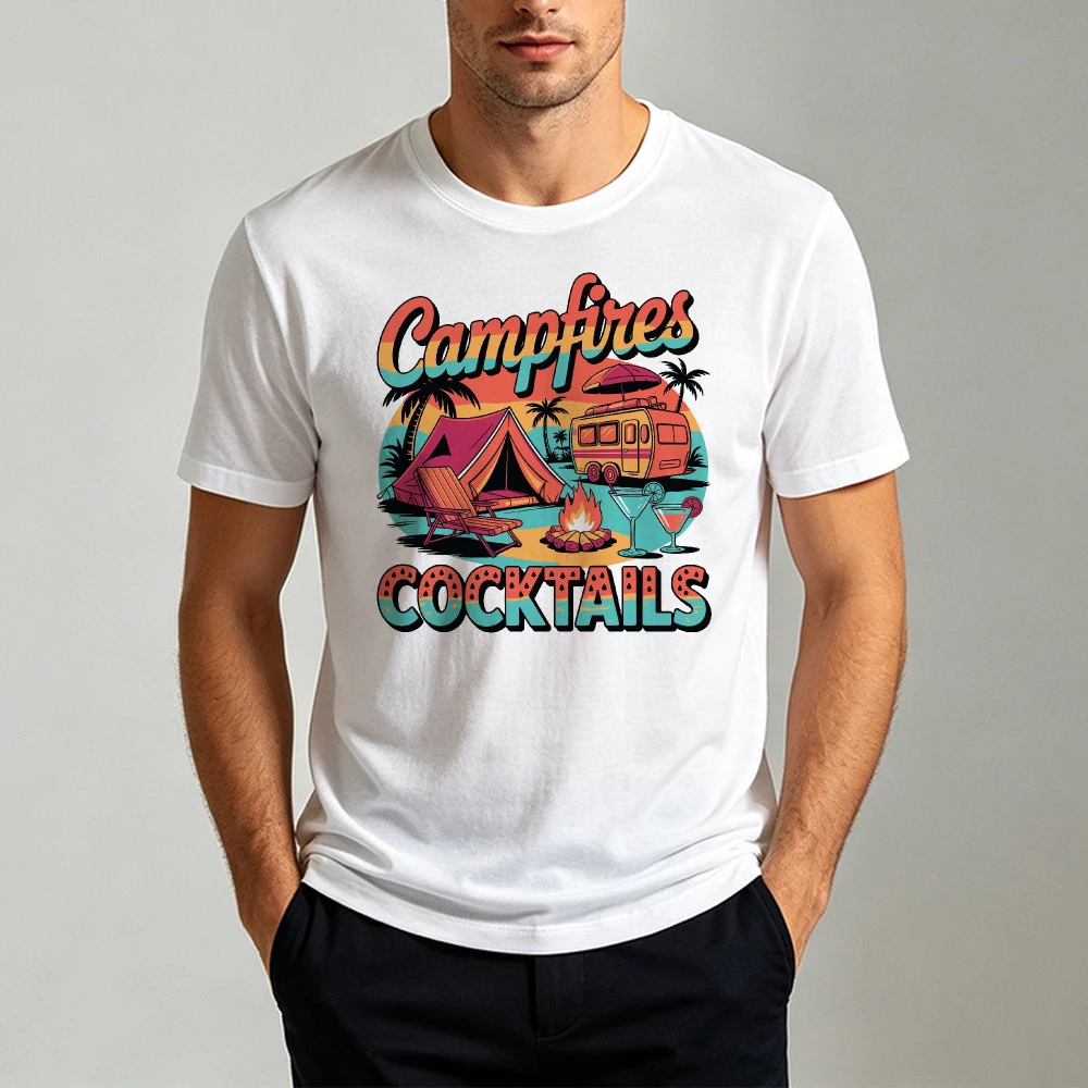 Campfires Cocktails Retro Tropical Camper Graphic Men Summer T Shirt Beach RV Camping Colorful Vintage Short Sleeve Basic Tee