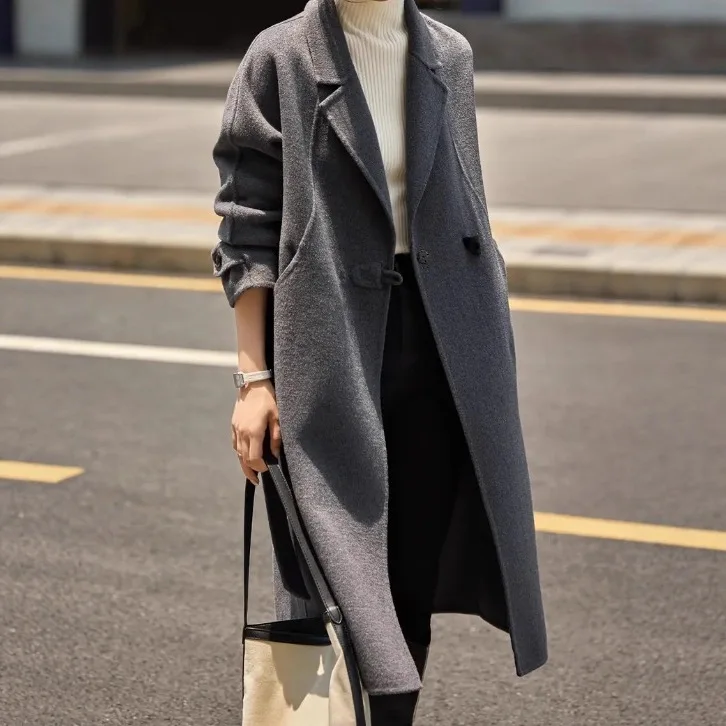 

Осень/зима 2022, женское элегантное двубортное шерстяное пальто в стиле ретро, модное повседневное длинное пальто с воротником