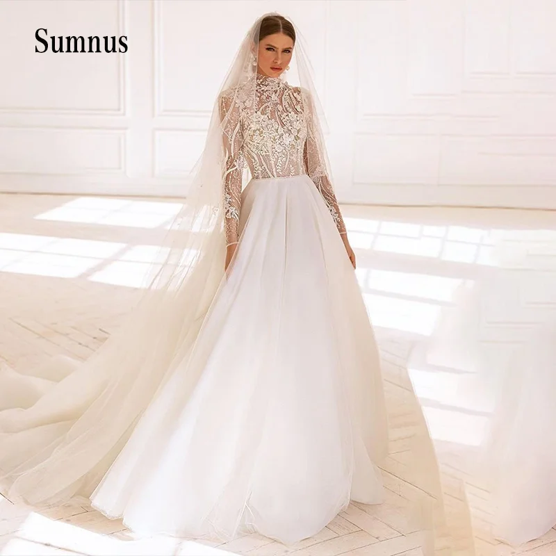 Abito da sposa di lusso con applicazioni in pizzo collo alto Tulle manica lunga cerniera posteriore con velo elegante abito da sposa da donna Robe de Mariee