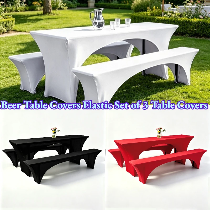 3 Pieces Solid Color Table Cover Stretch Beer Tablecloth Set Outdoor Waterproof Tablecloth White Patio Beer Table Bench Covers