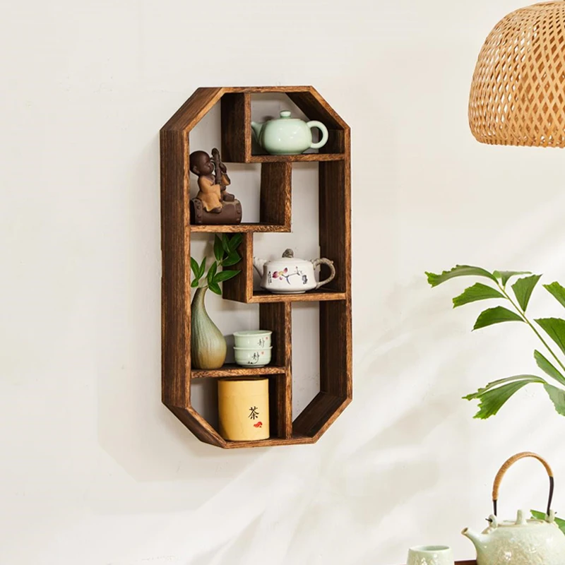 Solid wood Chinese wall hanging Bogu frame Duobao Pavilion storage rack, teacup and teapot placement, tea room storage rack