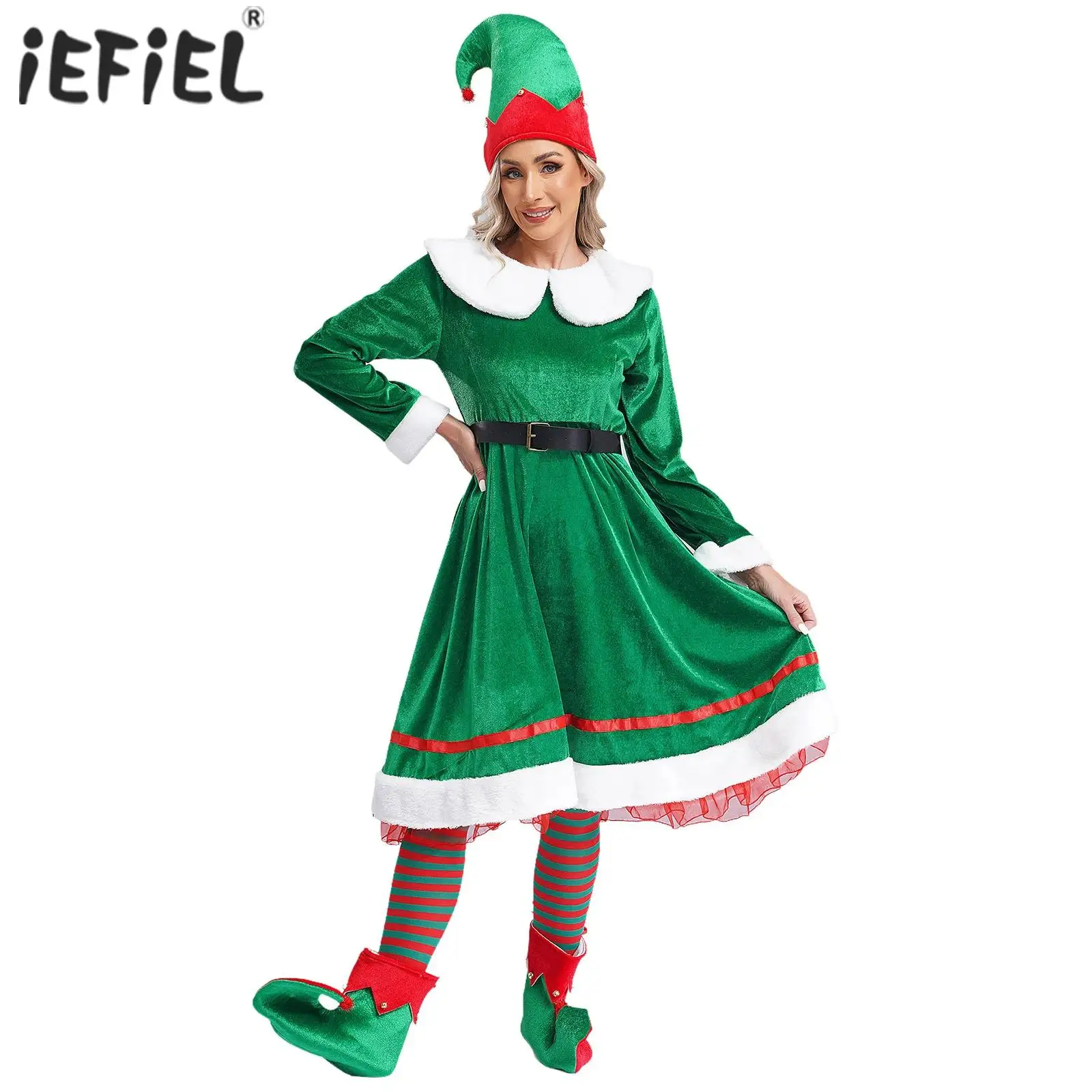 Womens Christmas Elf Costume Santa Suit Tinkle Bell Flannel Dress with Belt Hat Striped Stockings Shoes 5-piece Xmas Party Sets