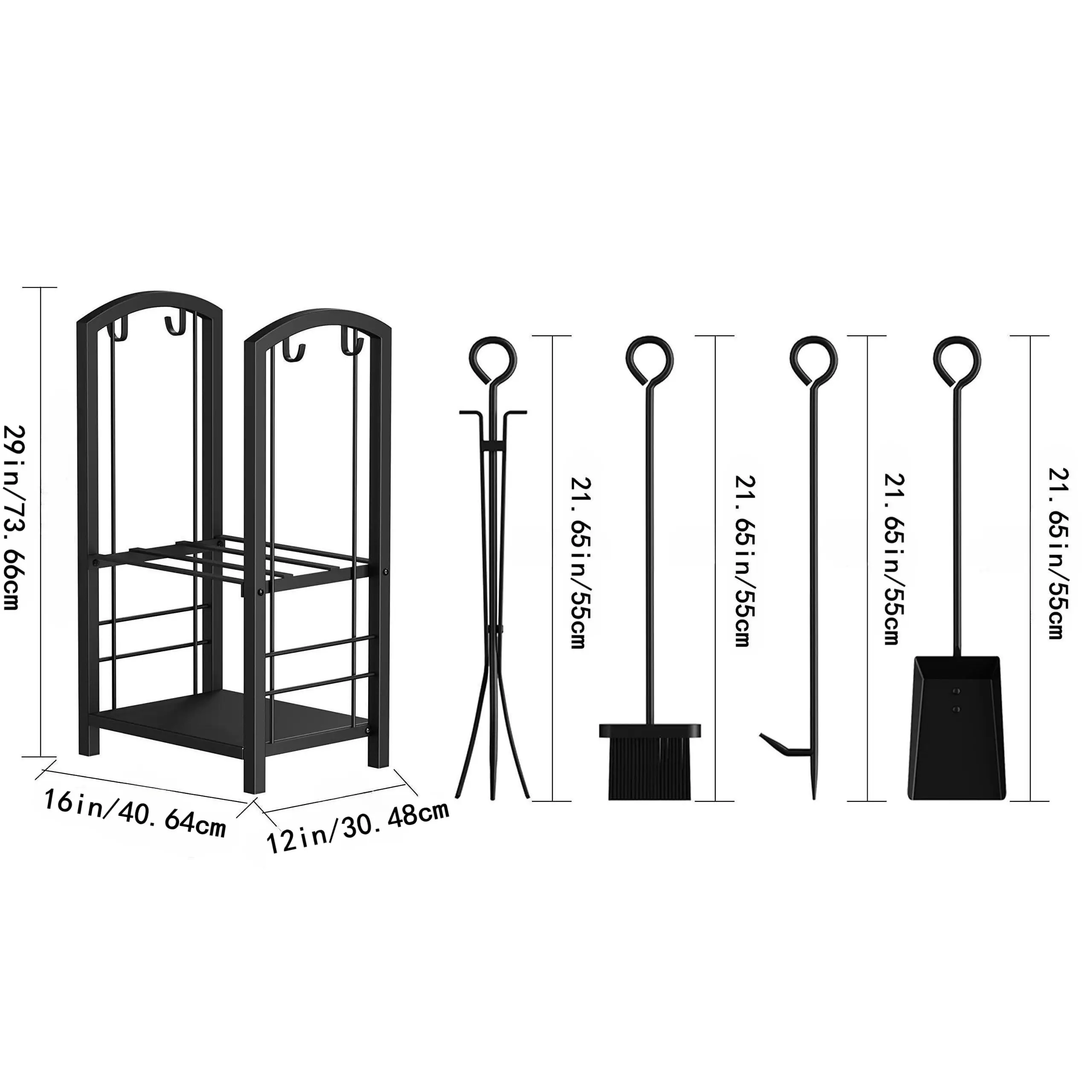 Firewood Rack Fireplace Tool Rack Indoor/Outdoor Log Holder Rack Iron Large Logs Bin Fireplace Tools Set Tongs Accessories