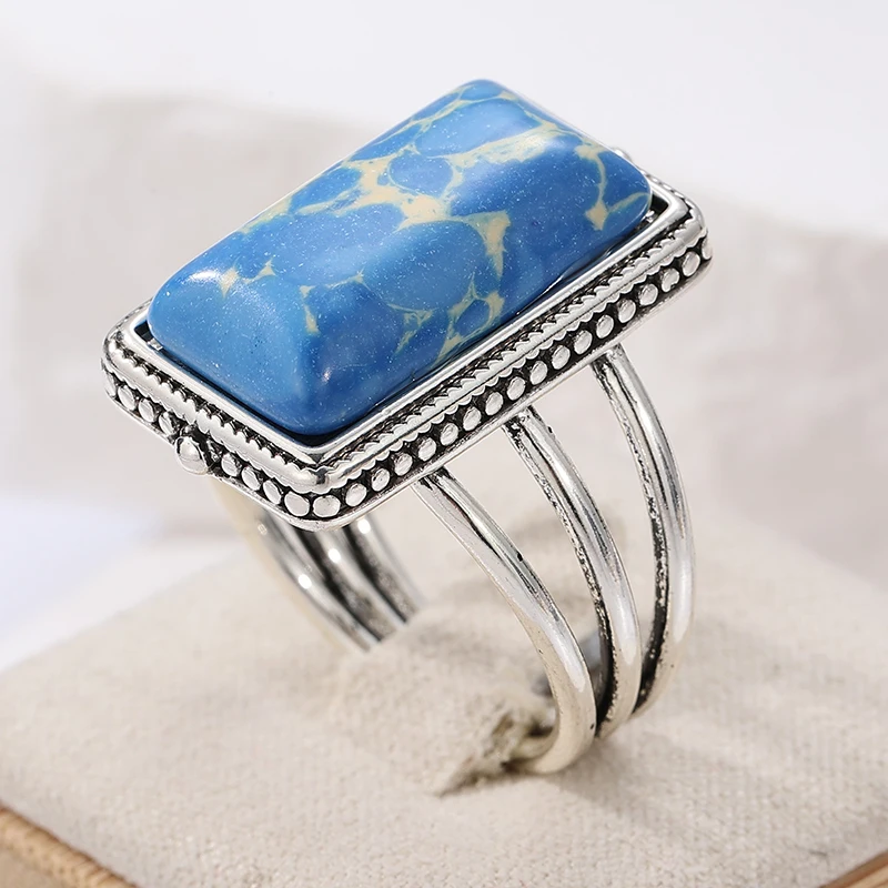 Vintage Quadratischer Ring mit Türkisimitat für Damen Silberfarben Handgeschnitzt Tägliches Tragen Party-Schmuck Jubiläumsgeschenk – Detail 3