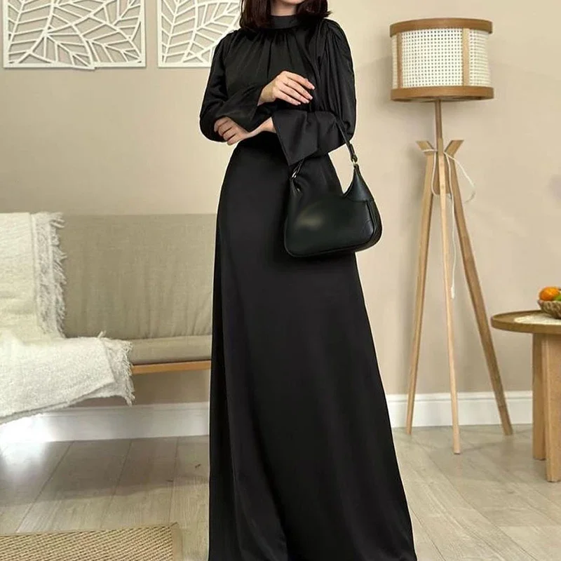 Fashion Half High Neck Long Sleeve Maxi Dress Spring Elegant High Waist Draped Long Dress Women Summer Casual Solid Party Dress