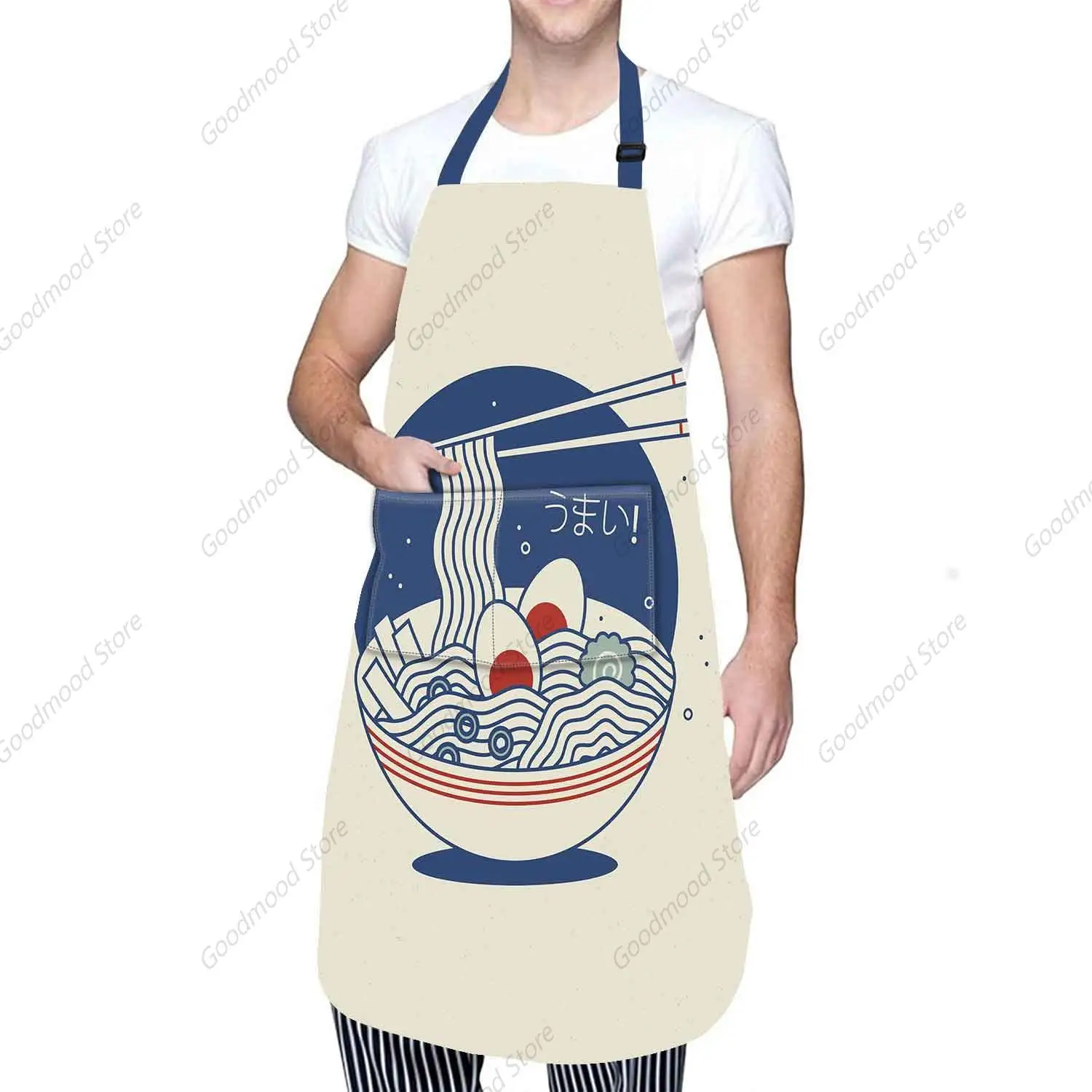 Japanese Ramen Pattern Apron Beige Navy Japan Gourmet Noodle Apron Double Pocket Grease Resistant Chef Length Apron Vacation BBQ