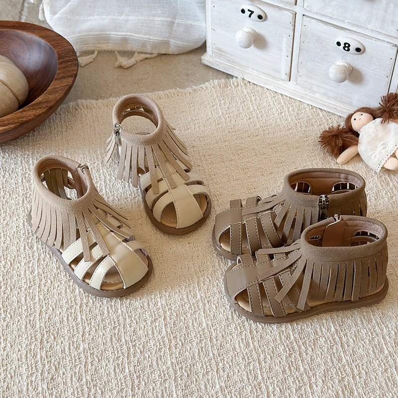 

2026 Summer Girls' Tassel Toe Zipper Decorative Sandals Casual Children's Solid Color Soft Sole Daily Versatile Flat Sandals