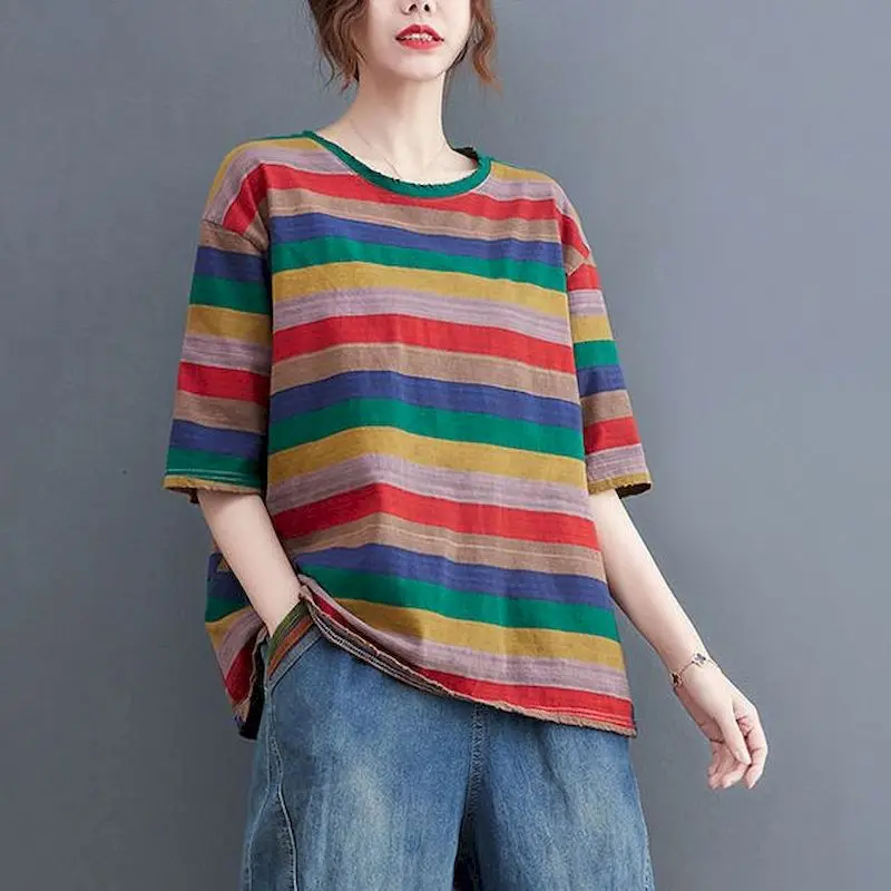 

95% Cotton T Shirts Women Vintage Rainbow Stripe Oversized T-shirt Fashion Casual Short Sleeve Printed Tops Summer Trend Tshirt