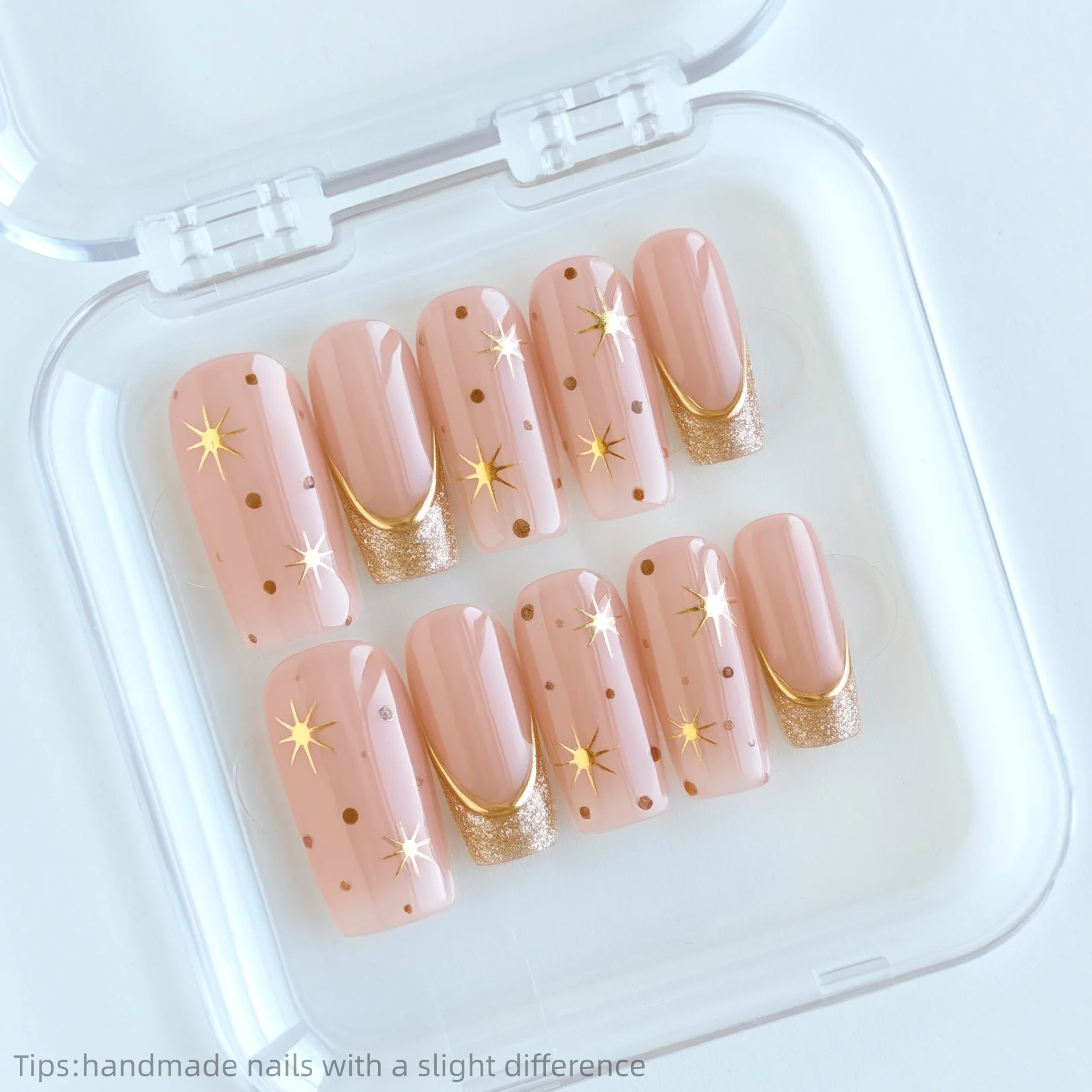 

10 шт., ручная работа, телесный розовый звездный пресс на ногтях, золотой край, блестящий дизайн, 2026 модный квадратный носимый блестящий декор в горошек, накладные ногти