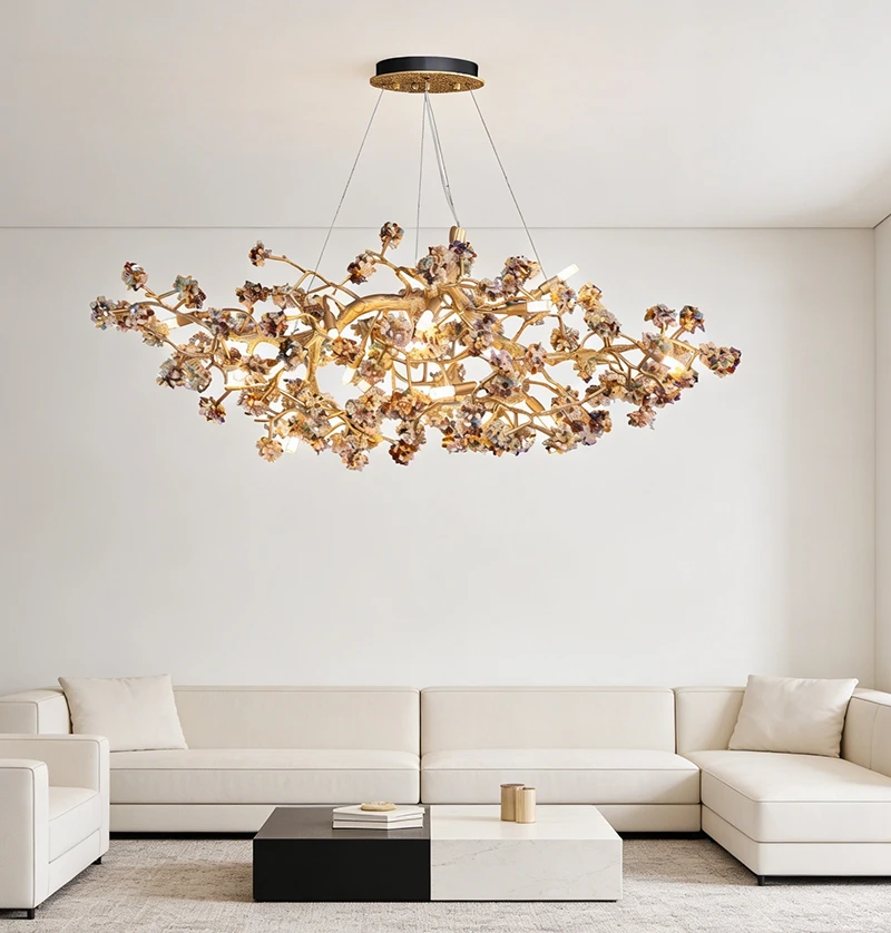 Natural Crystal All Copper Chandelier Modern Luxury Pendant Light For Living Room Dining Room New Home Decor Lighting