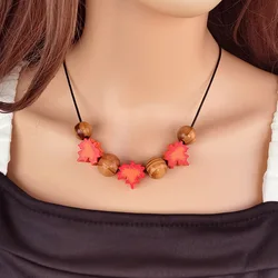 Wood Beads Maple Leaf Pendant Rope Chain Necklace for Women Daily Wear Party Jewelry Gifts